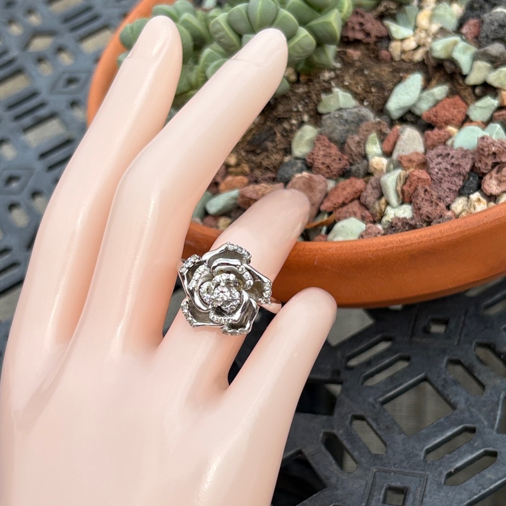 Sterling Silver Simulated Diamond Cubic Zirconia Flower Rose Ring Size 10 Bold - Picture 6 of 13